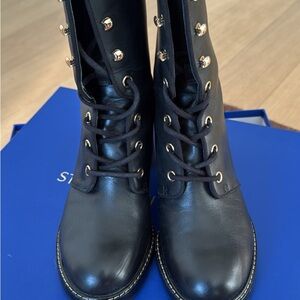 Stuart Weitzman Black Leather Cassey Combat Boots with Gold Accents